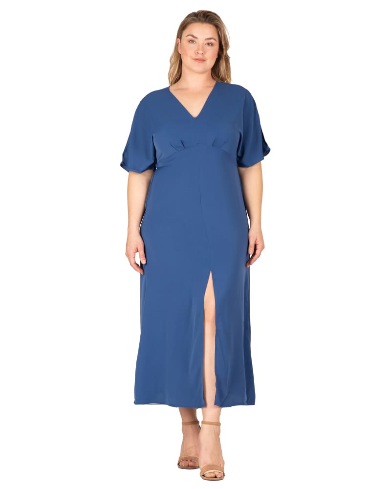 Front of a model wearing a size L Adeline Kimono Maxi Dress in Navy by Standards & Practices. | dia_product_style_image_id:275642